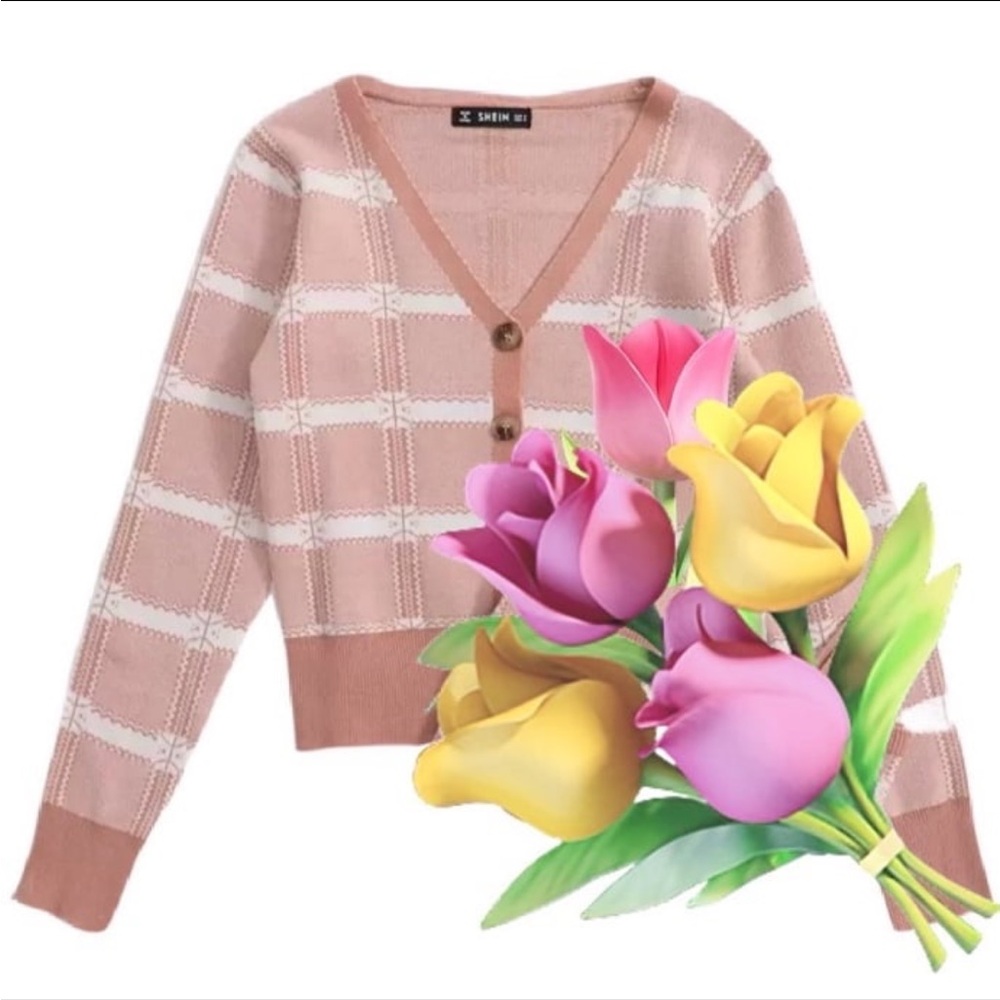 Juniors’ Button Front Contrast Binding Baby Pink Plaid Cardigan SZ XS/S - SHEIN